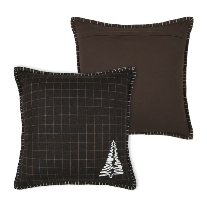 Coussin décoratif carré à carreaux et motif sapin - Marron Brun