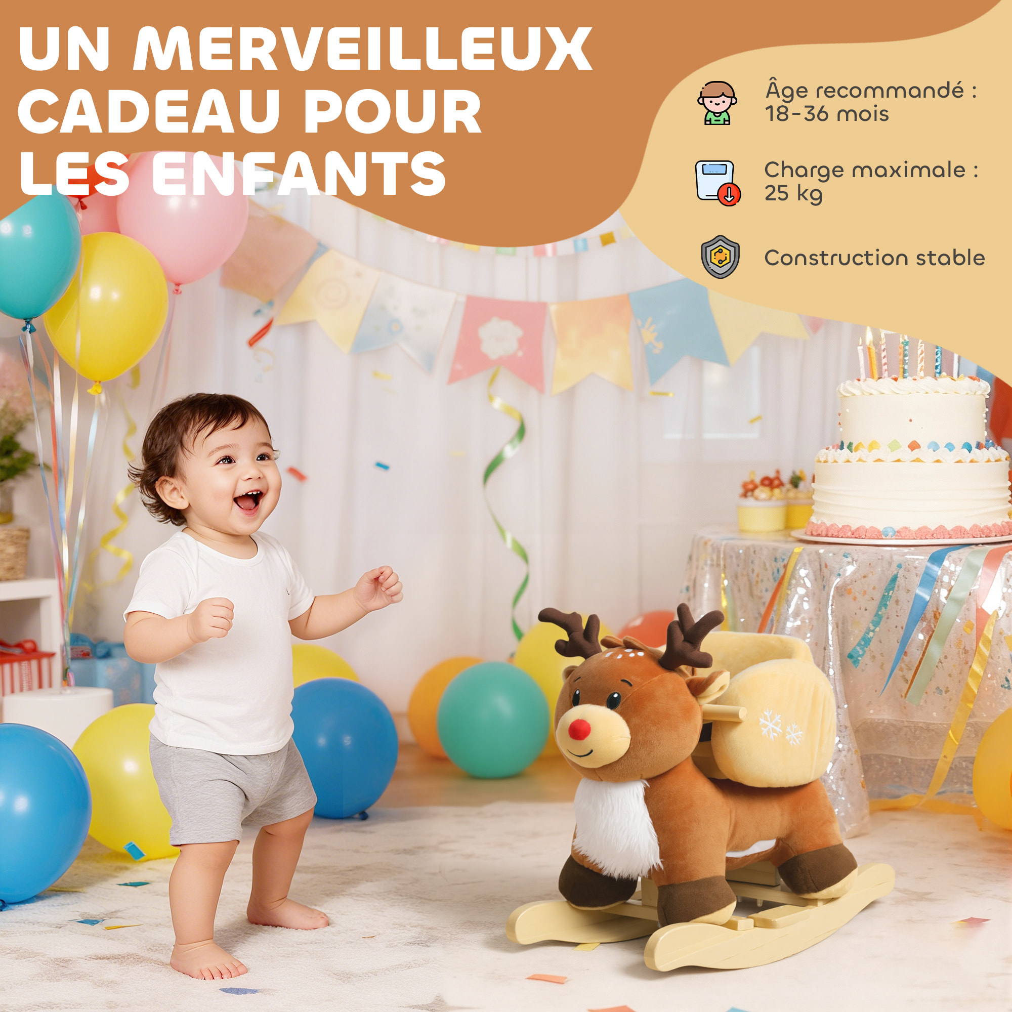 Cheval à bascule enfant jouet à bascule renne siège ceinture réglable effets sonores