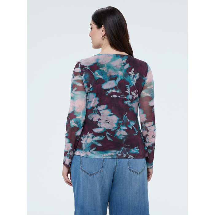 Fiorella Rubino - T-shirt in tulle con stampa floreale - Bordeaux