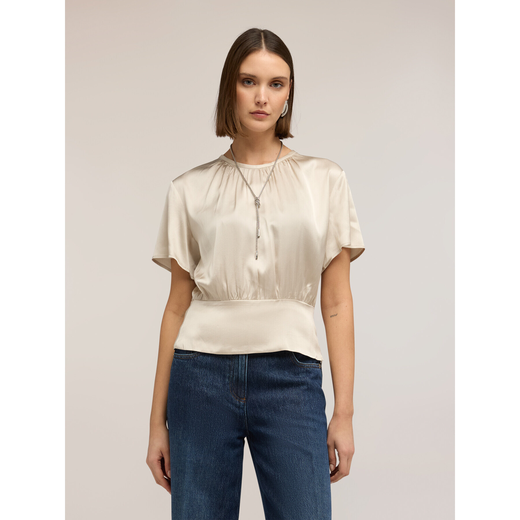 Motivi - Blusa in raso con fascia - Bianco