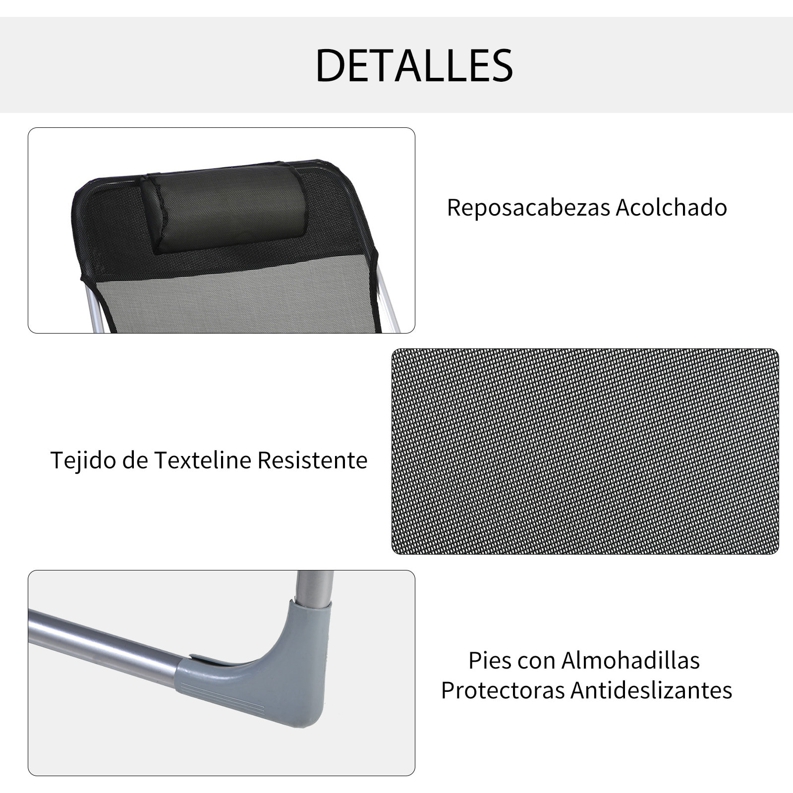 Tumbona Plegable y Reclinable con Reposacabezas y Respaldo Ajustable Negro