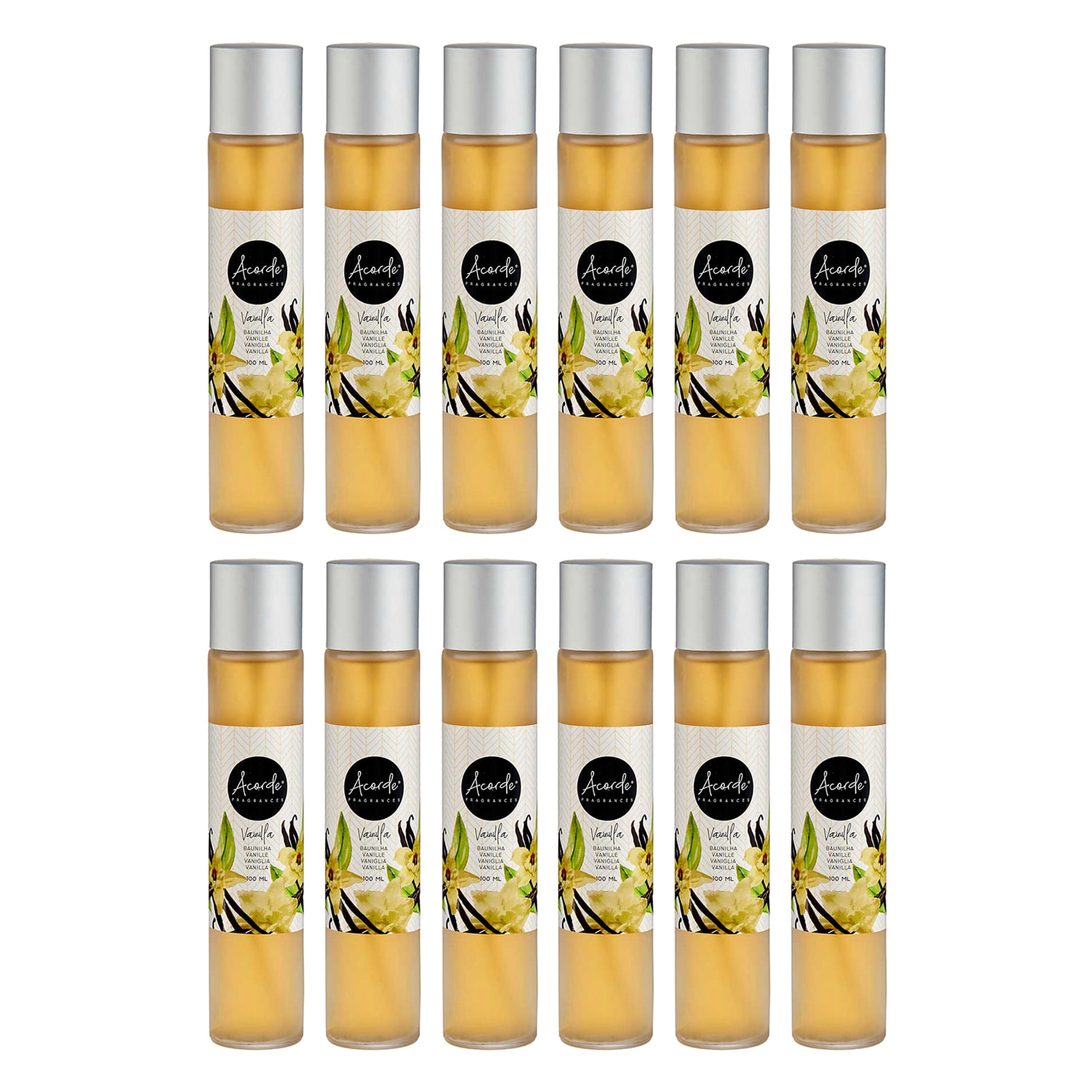 Pack 12 ambientadores de spray de 100ml con aroma a vainilla.
