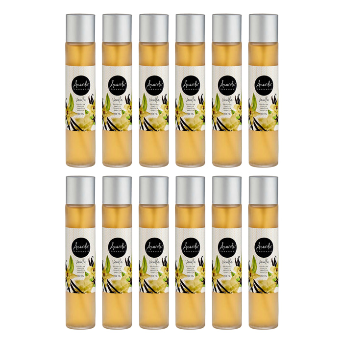 Pack 12 ambientadores de spray de 100ml con aroma a vainilla.