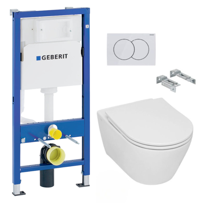Pack WC Bâti-support + WC sans bride Serel SP26, fixations invisibles + Plaque blanche