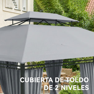 Cenador para Jardín 3x4 m, Pabellón de Jardín, Gazebo con Doble Techo, 6 Paredes Laterales, Estructura Metálica, Drenaje, Carpa para Exterior, Terraza, Patio, Gris Oscuro