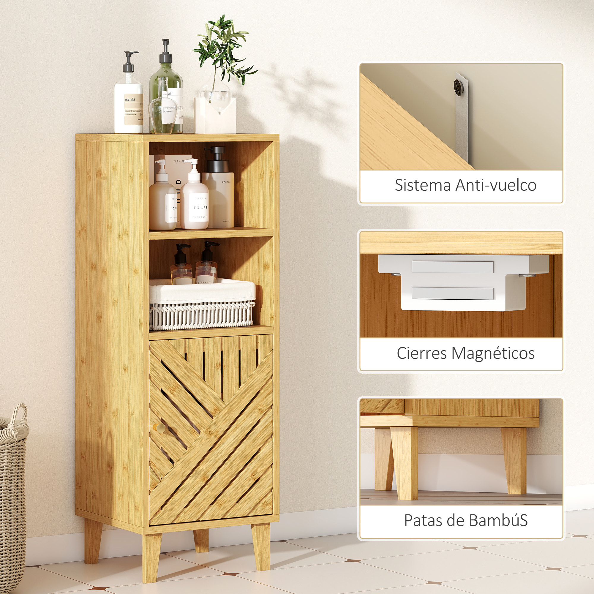 Armario de Baño Estrecho Mueble Auxiliar de Baño 32x30x90 cm con 2 Estantes Abiertos Puerta y Patas de Bambú Estilo Moderno para Espacios Pequeños Natural