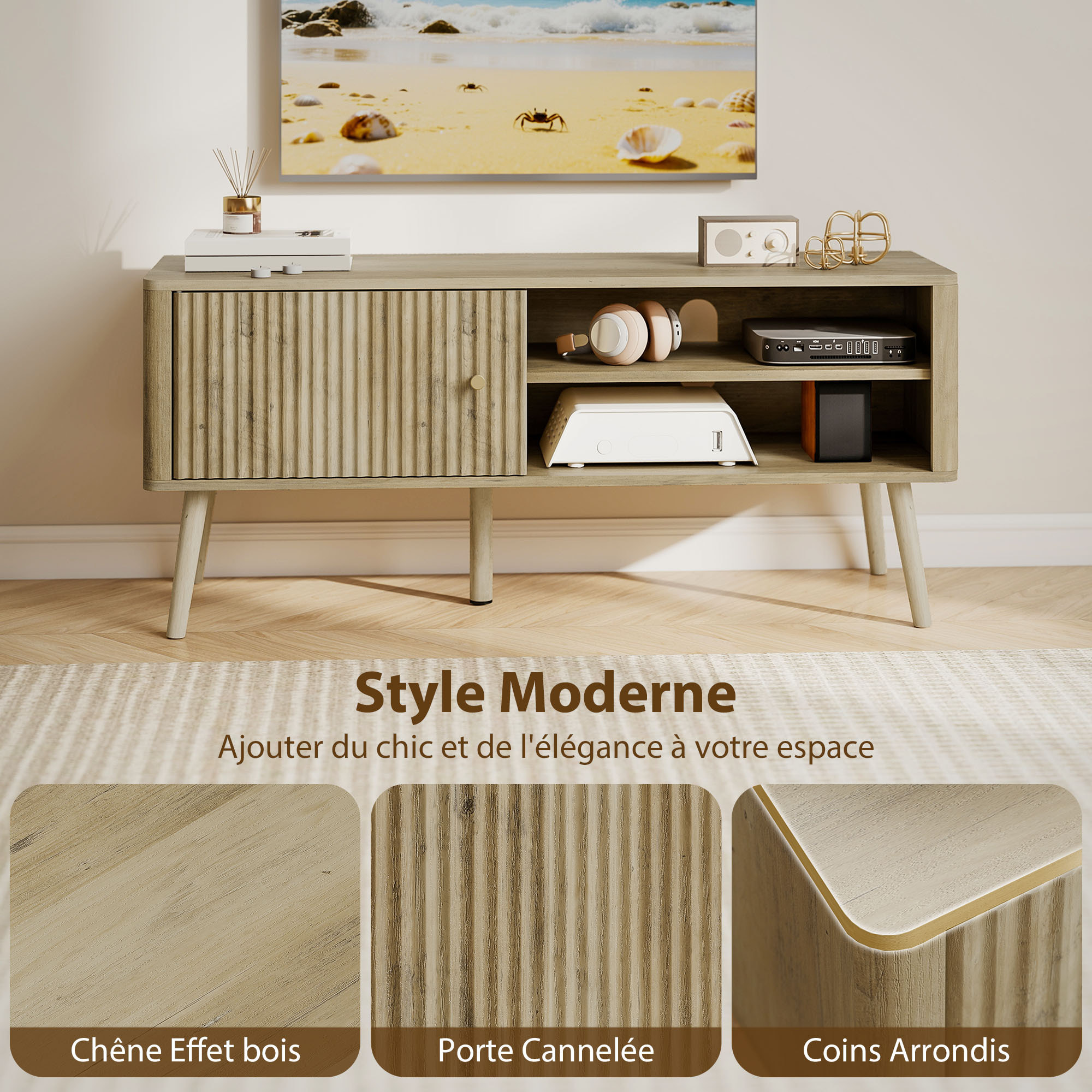 Meuble TV design effet cannelé naturel porte 2 niches bois de pin effet bois clair