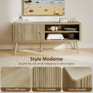 Meuble TV design effet cannelé naturel porte 2 niches bois de pin effet bois clair