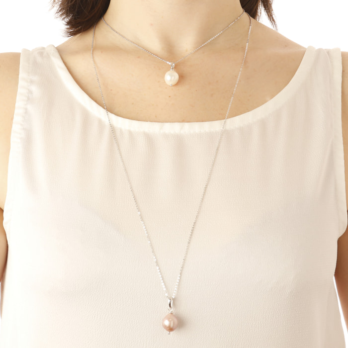 PERLAVIVA - Set di Due Collane in Argento 925 placcato Oro Bianco 18kt con Perla Ming Bianca e Rosa d'Acqua Dolce Ø12/13 mm