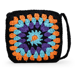 Bolso de crochet cuadrado negro y multicolor