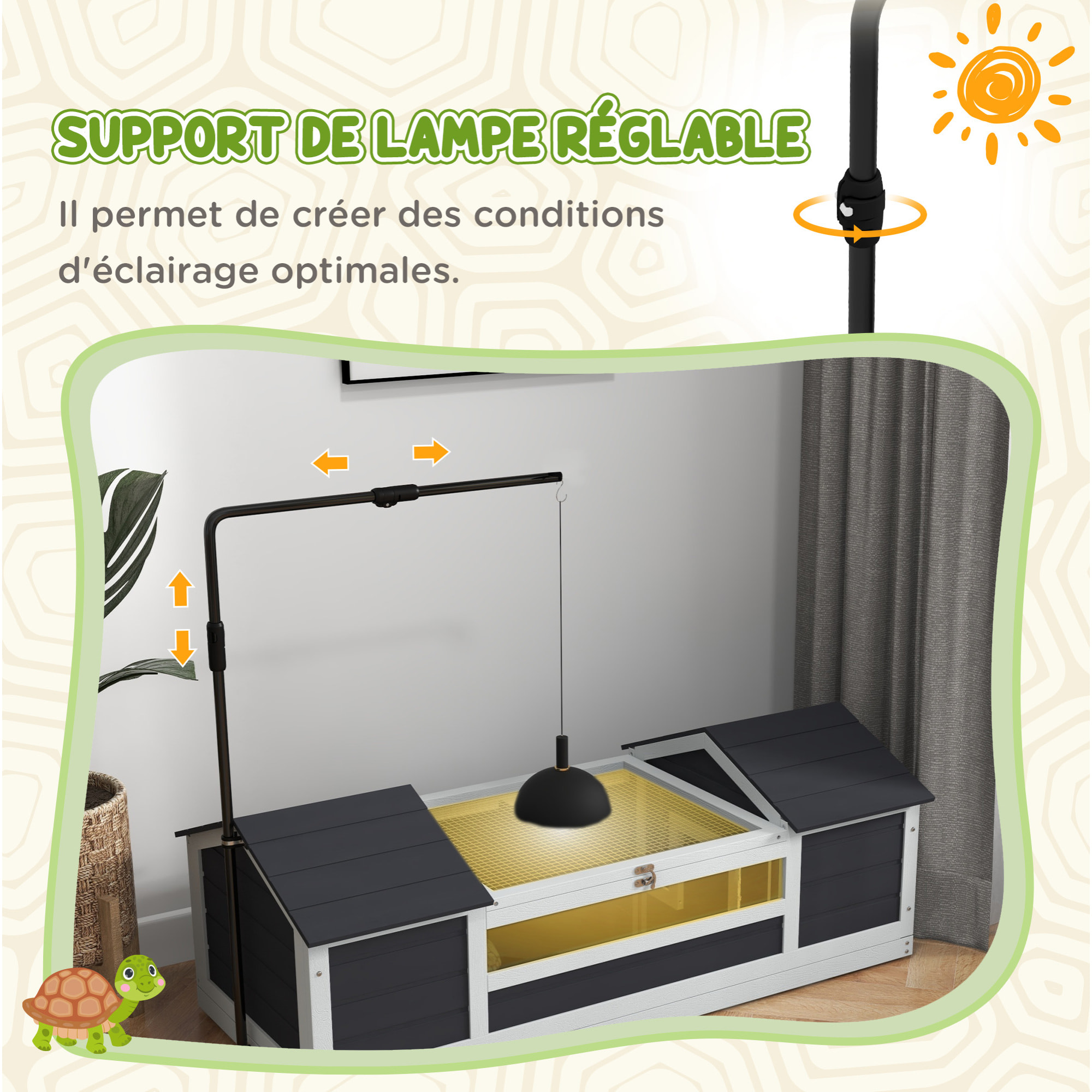 Maison tortue terrestre extérieure - enclos tortue 2 niches, support lampe réglable, toit ouvrable - acrylique bois gris