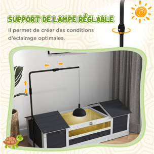 Maison tortue terrestre extérieure - enclos tortue 2 niches, support lampe réglable, toit ouvrable - acrylique bois gris