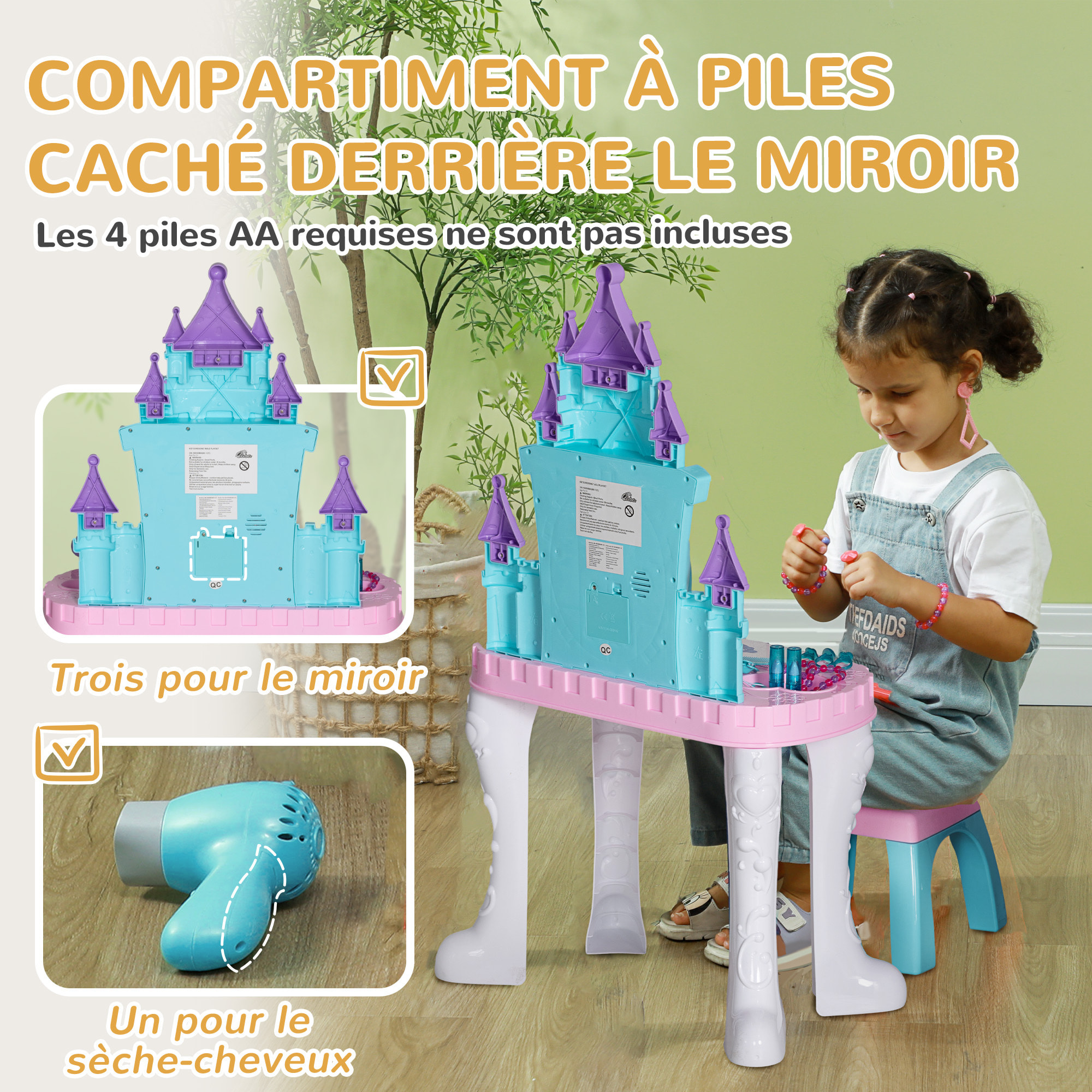 Ensemble coiffeuse tabouret enfant design château - nombreux accessoires - effets lumineux sonores - bleu blanc rose