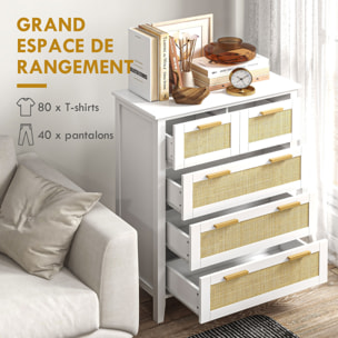 Commode 5 tiroirs cannage en rotin dim. 77L x 37l x 104H cm MDF blanc bois de pin