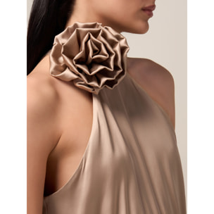 Oltre - Vestito lungo in raso con fiore - Beige