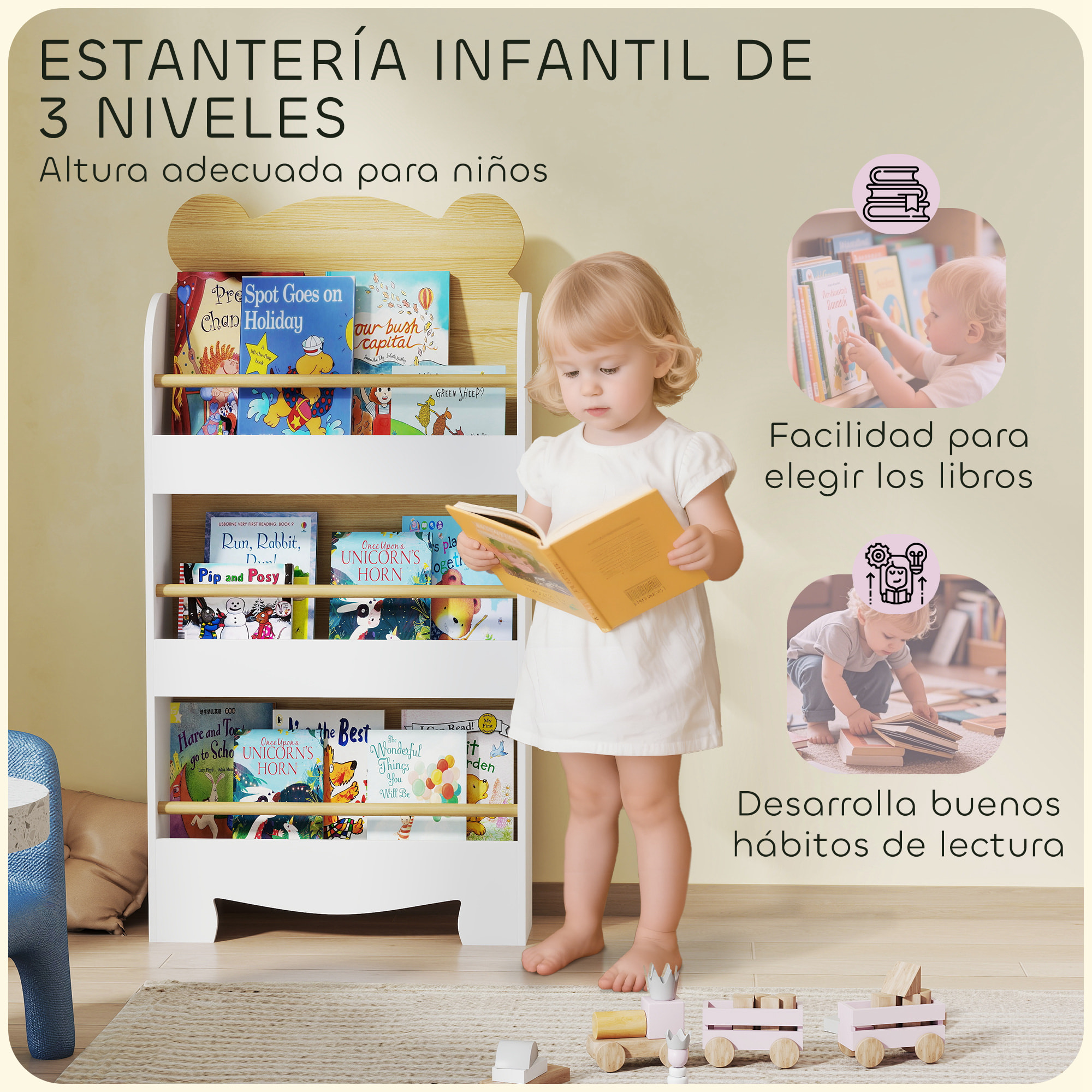 Librería Infantil de 3 Niveles Estantería para Libros Infantil Diseño de Osito para Sala de Juegos Dormitorio Guardería Natural
