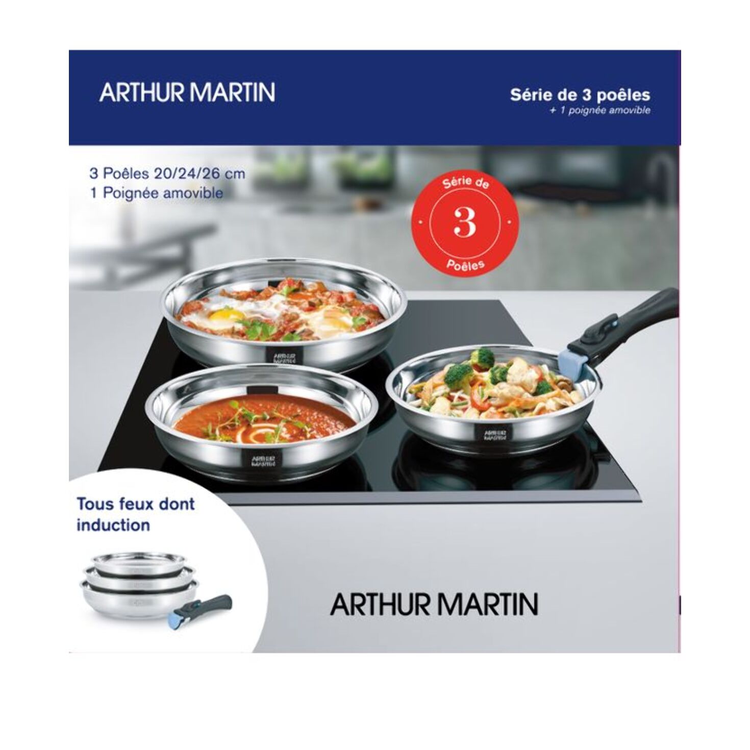 Set amovible de 3 poêles inox
