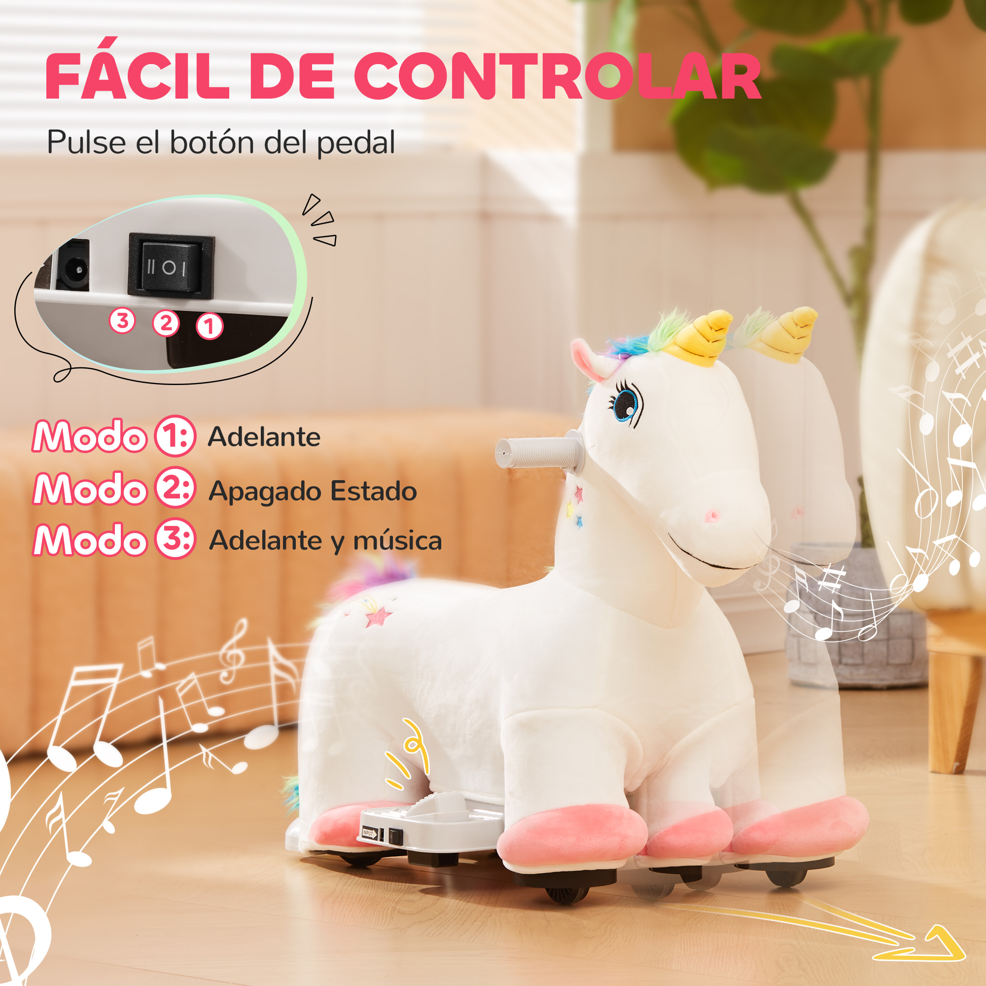 Unicornio Eléctrico para Niños de 18 a 36 Meses Caballo Balancín Eléctrico con Batería 6V y Música Carga 25 kg 69x34x53 cm Blanco