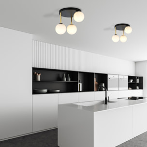 Lampada da soffitto Dolce in acciaio nero e oro con sfere in vetro opalino