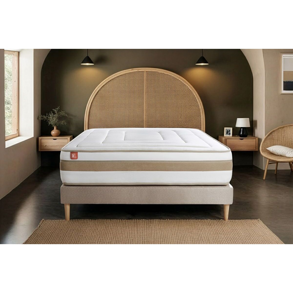 Ensemble Matelas Le Raffiné - 26cm - Ressorts ensachés et mémoire de forme - Confort haut de gamme, impact réduit. - Sommier kit Beige