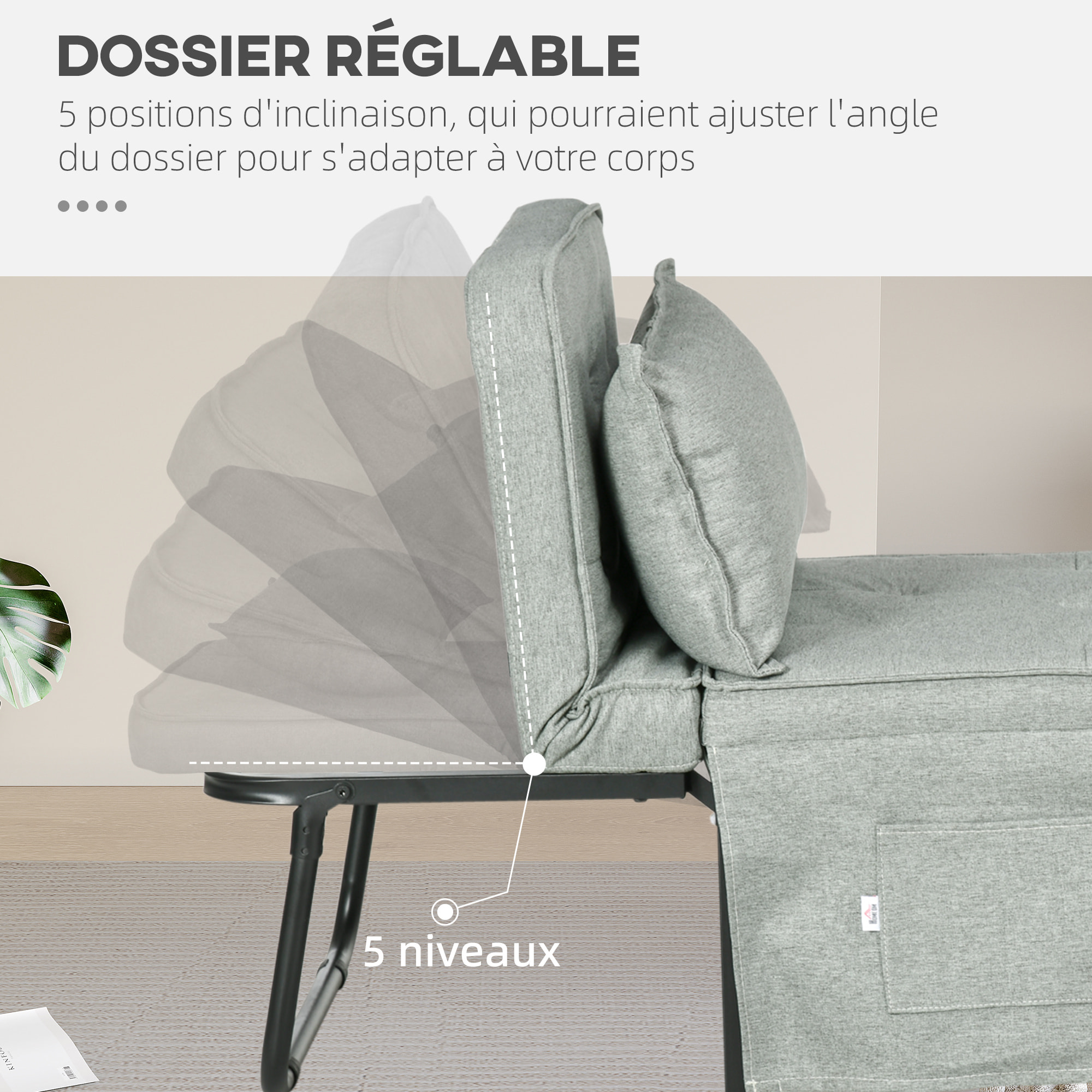 Fauteuil chaise longue lit pouf 4 en 1 dossier inclinable 5 niveaux repose-pied rabattable châssis acier noir tissu gris