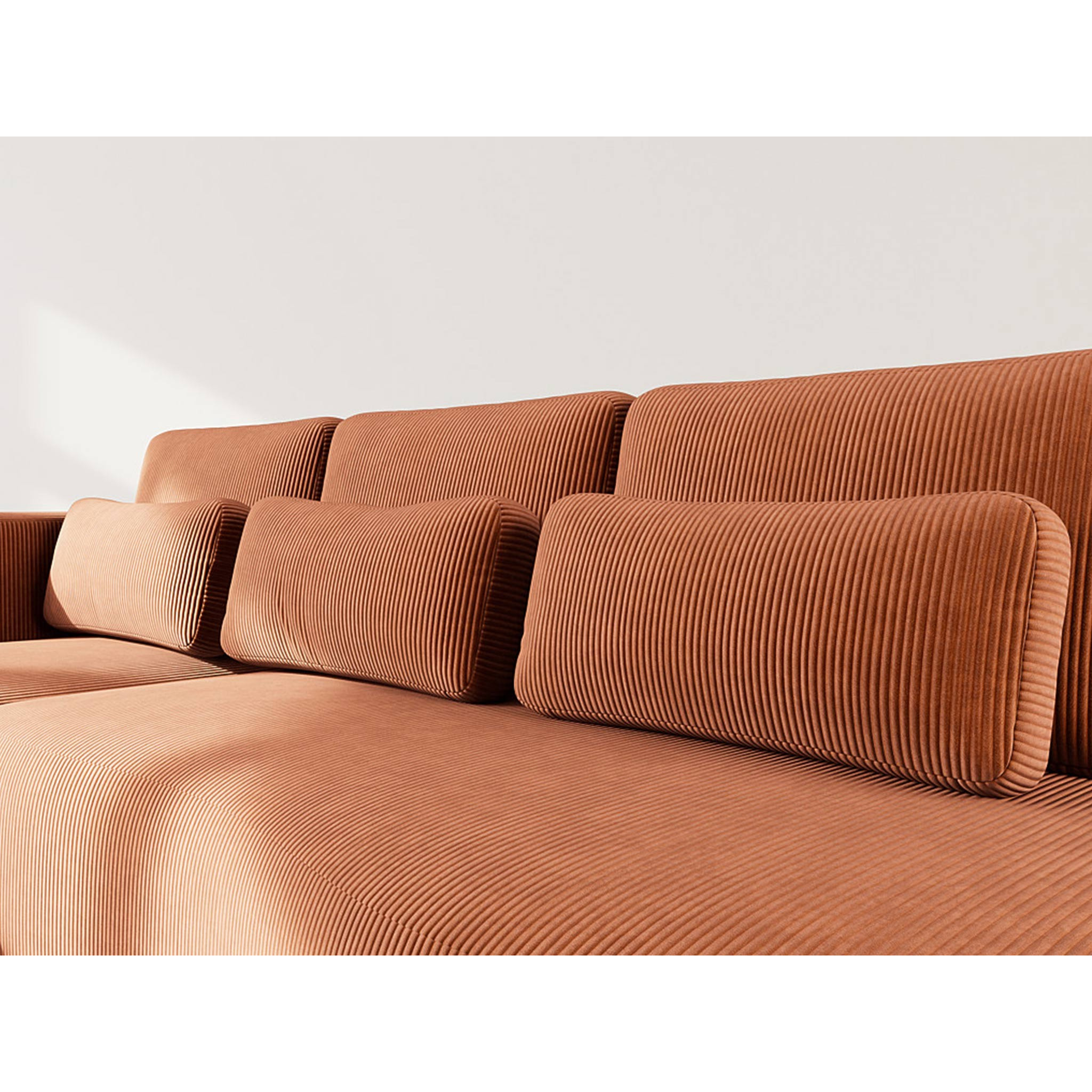 Mahina - canapé d'angle gauche 4 places convertible avec coffre en velours côtelé - Terracotta