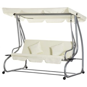 Balancelle de jardin 3 places convertible toit inclinaison réglable 2 tablettes support acier époxy gris polyester crème