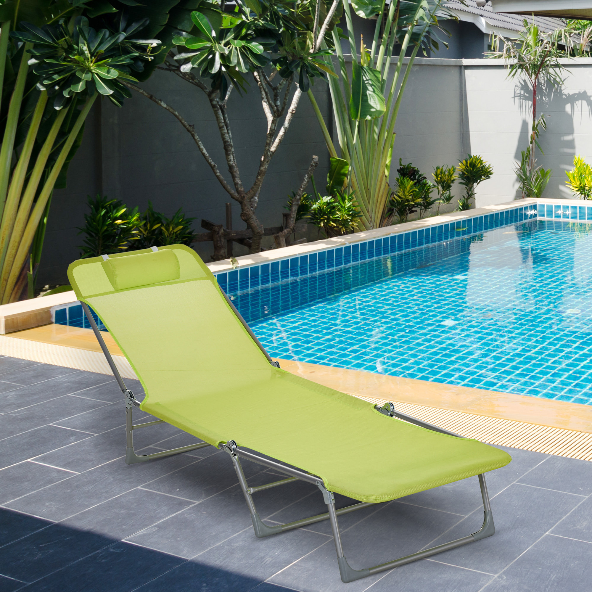 Tumbona Plegable y Reclinable con Reposacabezas y Respaldo Ajustable Verde