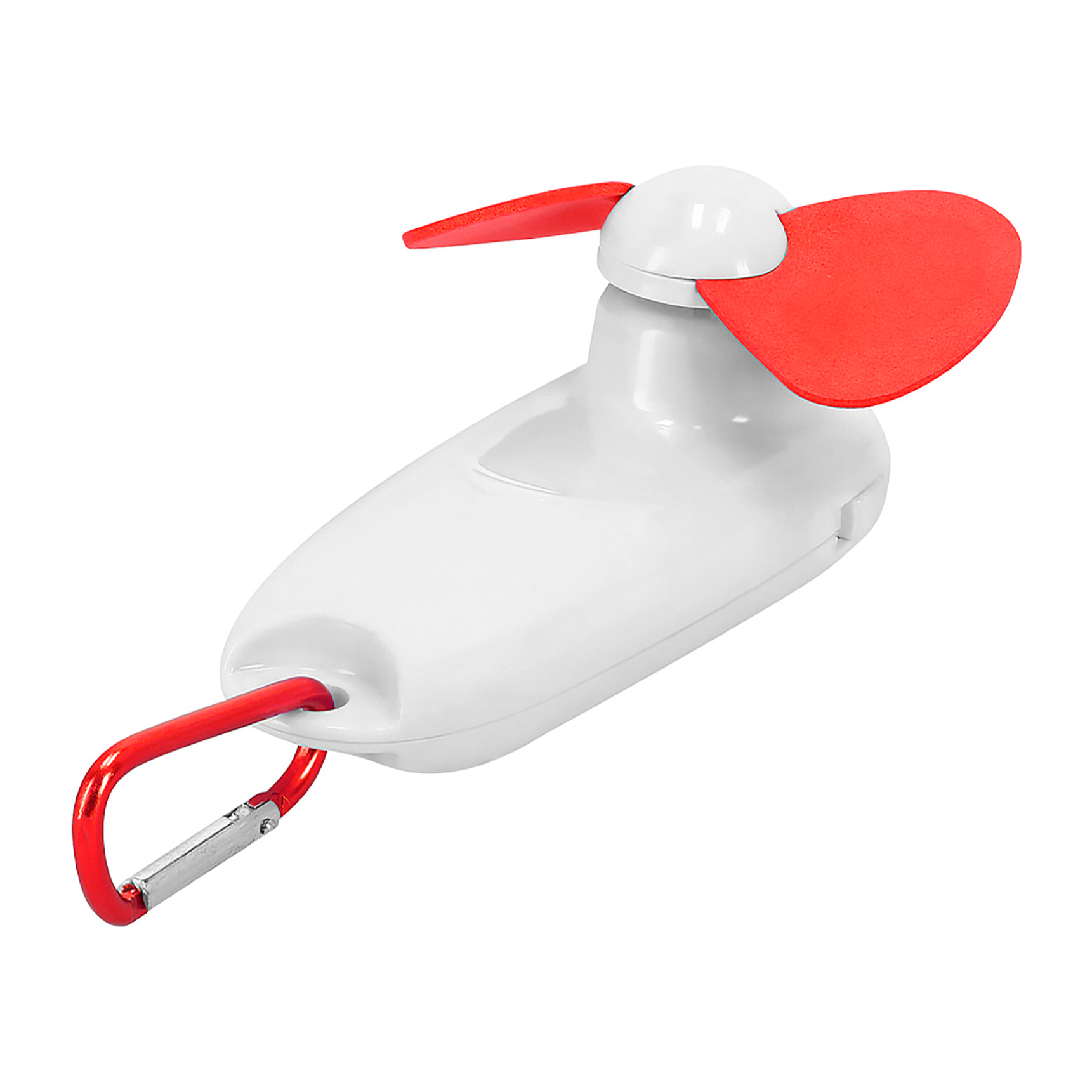 Ventilador portátil con linterna LED integrada y mosquetón para transporte.