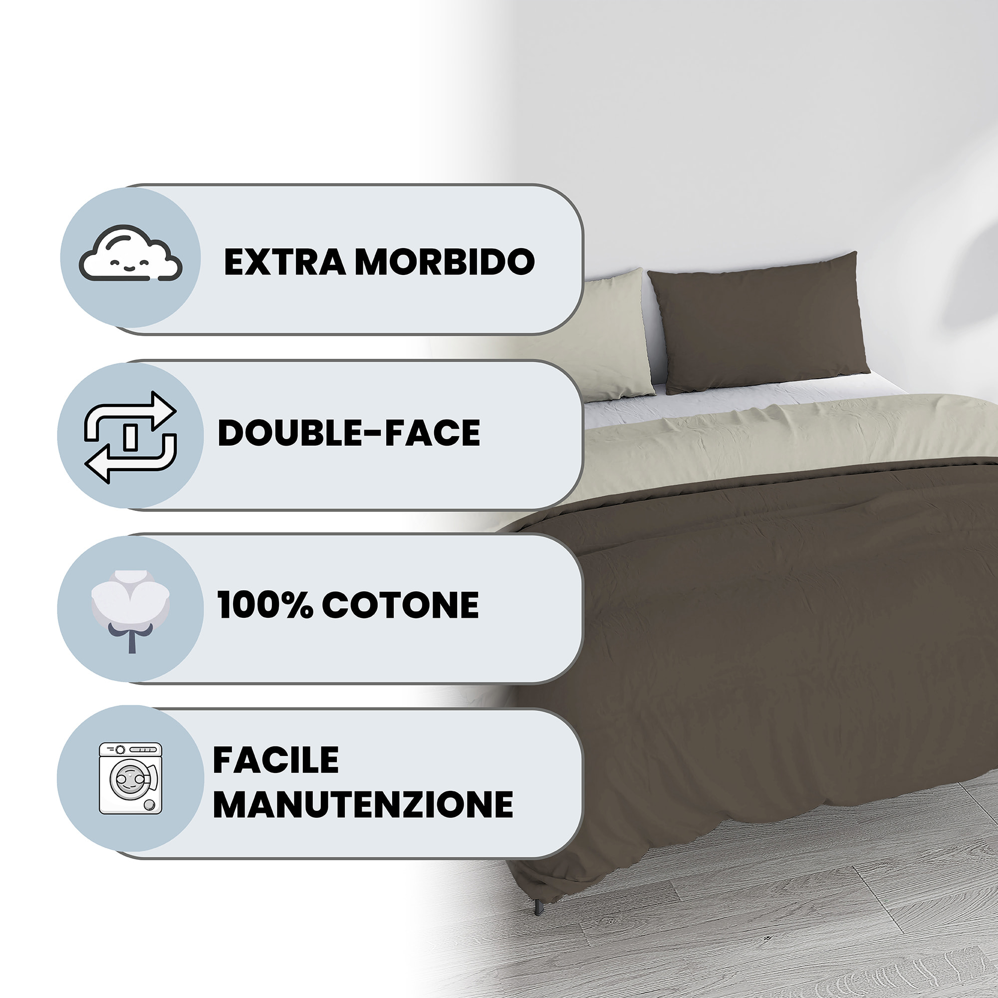 PARURE COPRIPIUMINO NATURAL COLOR, 100% Cotone, Made in Italy - MARRONE/PANNA