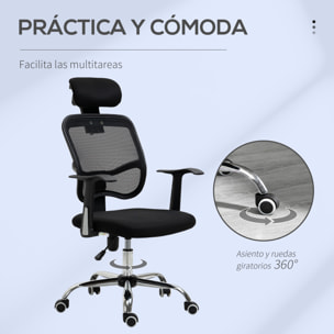 Vinsetto Silla de Oficina Giratoria Silla de Escritorio Ergonómica con Altura Ajustable Función de Inclinación Reposacabezas y Soporte Lumbar 63x62x109-117 cm Negro