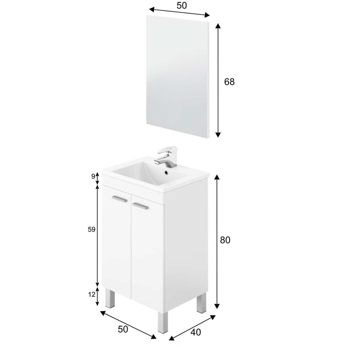 Mueble baño levis 2p 50cm color blanco brillo con espejo, sin lavabo