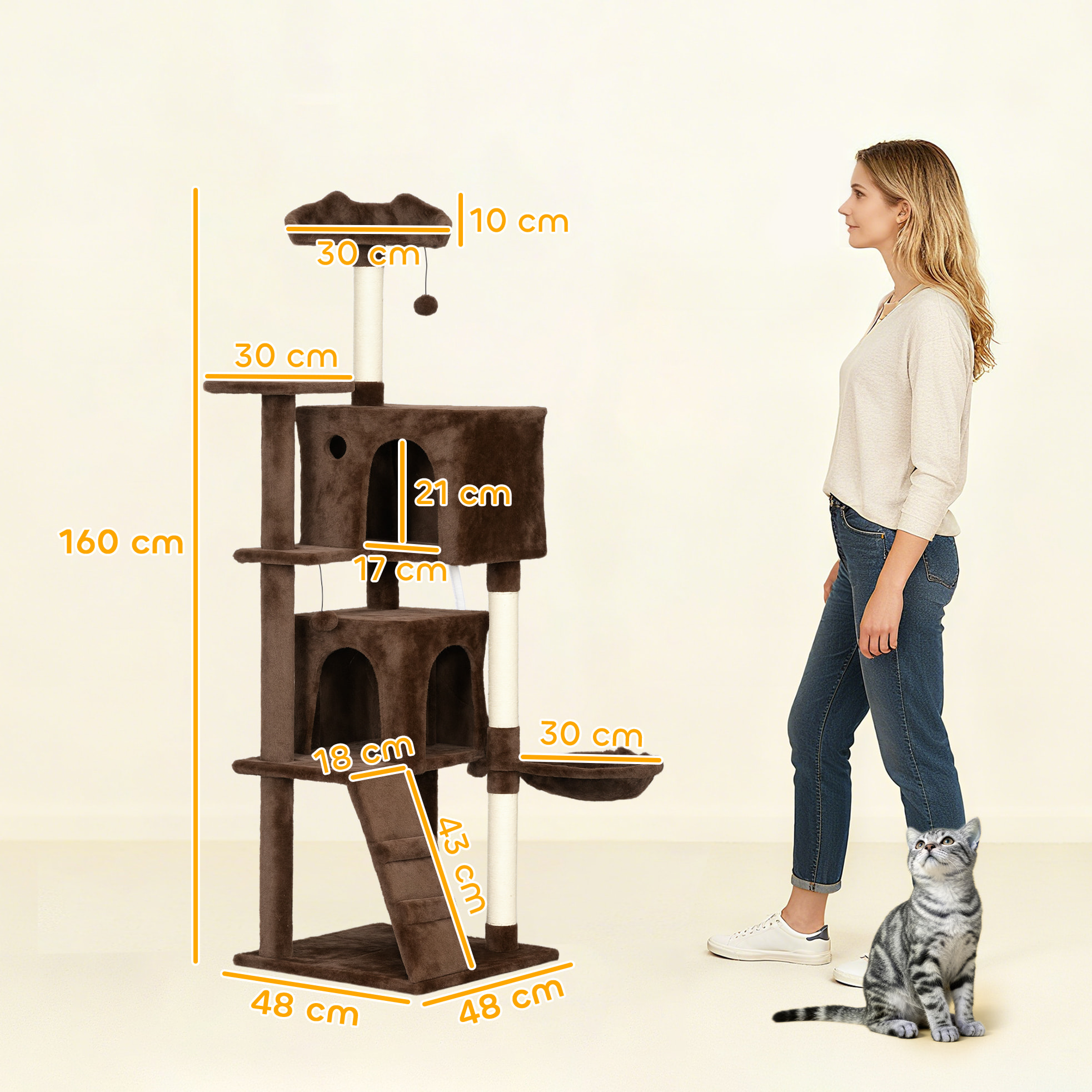 Árbol Rascador para Gatos, Árbol para Gatos 160 cm, Torre Escalador con Múltiples Plataformas, Cama, 2 Cuevas, Hamaca, Escalera, Postes de Sisal, Bolas para Jugar, Marrón