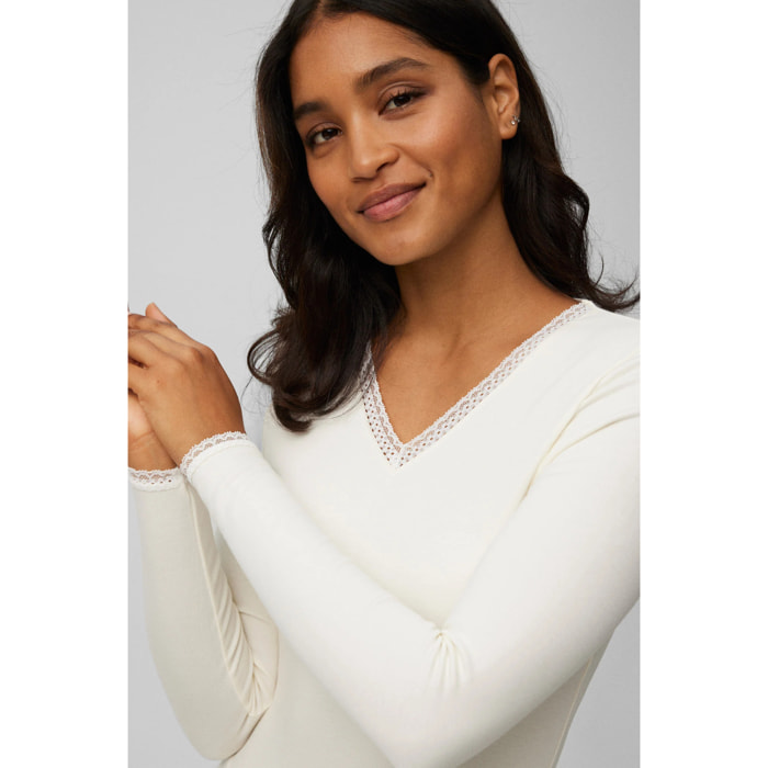 Maglietta termica con controllo della temperatura, dettaglio in pizzo, maniche lunghe, avorio