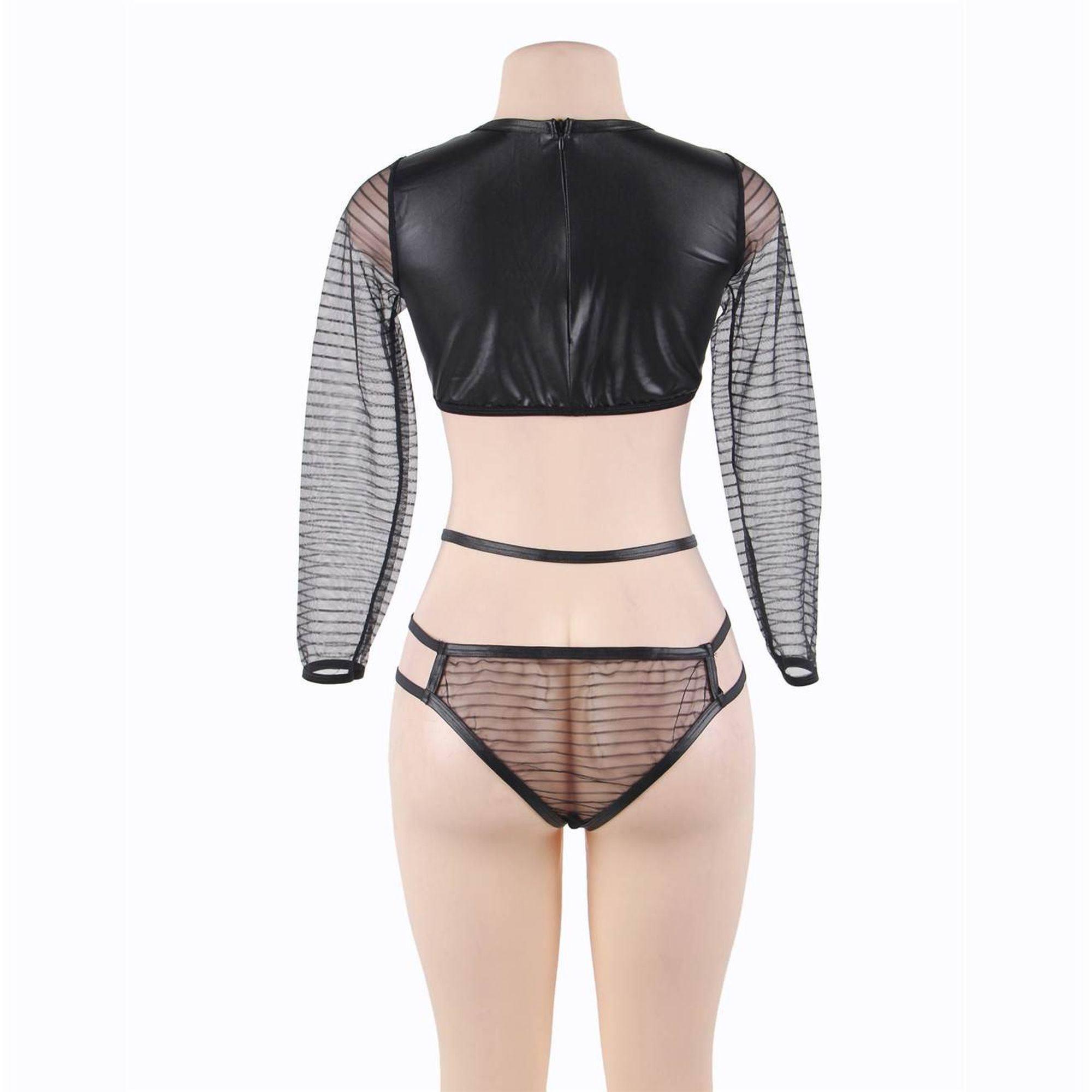 Top de manga larga transparente y bragas con tiras negro