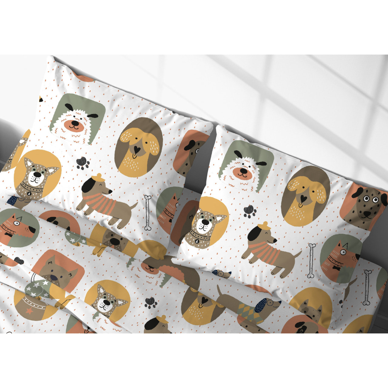 Completo Lenzuola In 100% Cotone Disegno Cani 25