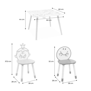 Table pour enfant avec pot à crayon + 2 chaises Madame Princesse + 2 chaises Monsieur Heureux