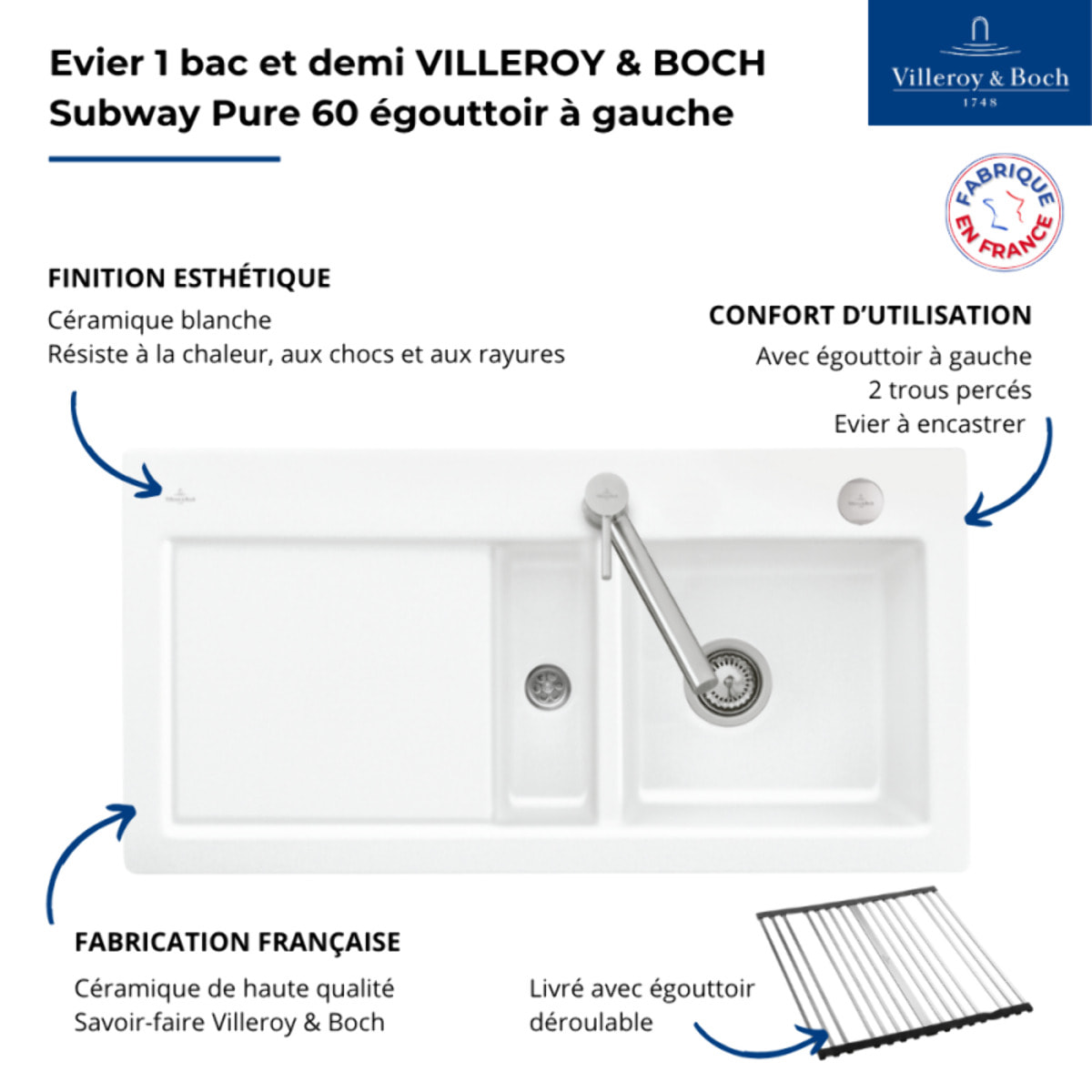 Evier 1 bac et demi Subway Pure 60 100 x 51 égouttoir à gauche céramique sans vidage blanc + Egouttoir déroulable