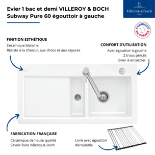 Evier 1 bac et demi Subway Pure 60 100 x 51 égouttoir à gauche céramique sans vidage blanc + Egouttoir déroulable