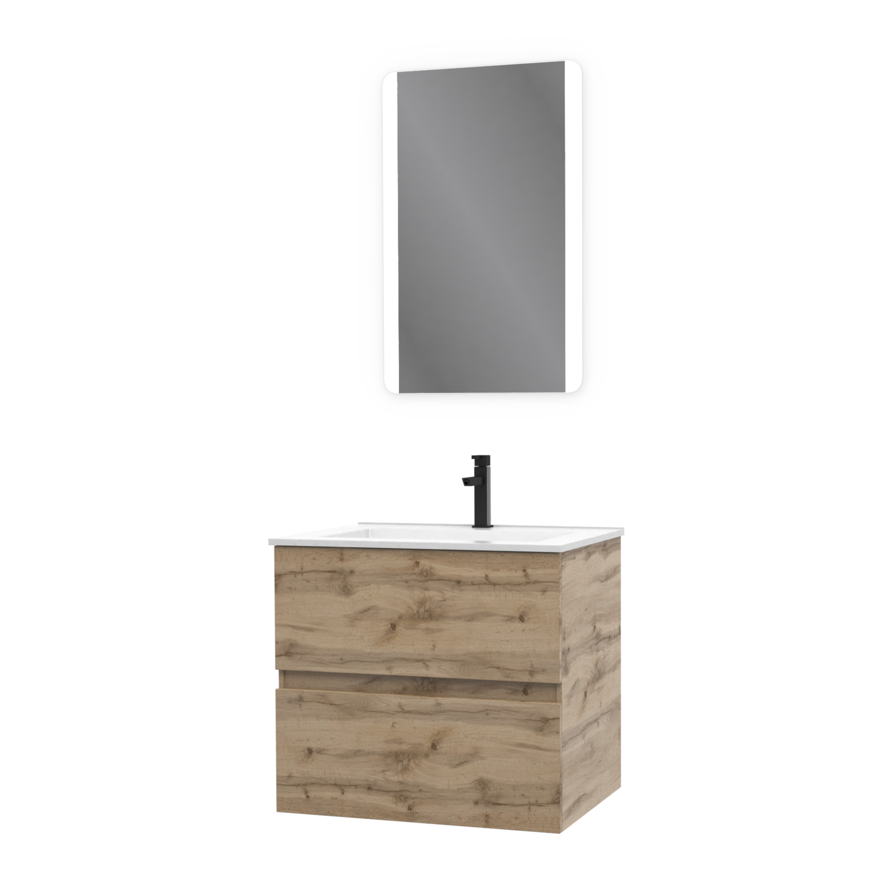 Pack Meuble SDB 60cm suspendu 2 tiroirs Chene_Vasque blanche + Miroir Led - TIMBER 60_Pack10