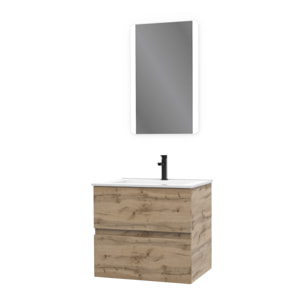Pack Meuble SDB 60cm suspendu 2 tiroirs Chene_Vasque blanche + Miroir Led - TIMBER 60_Pack10