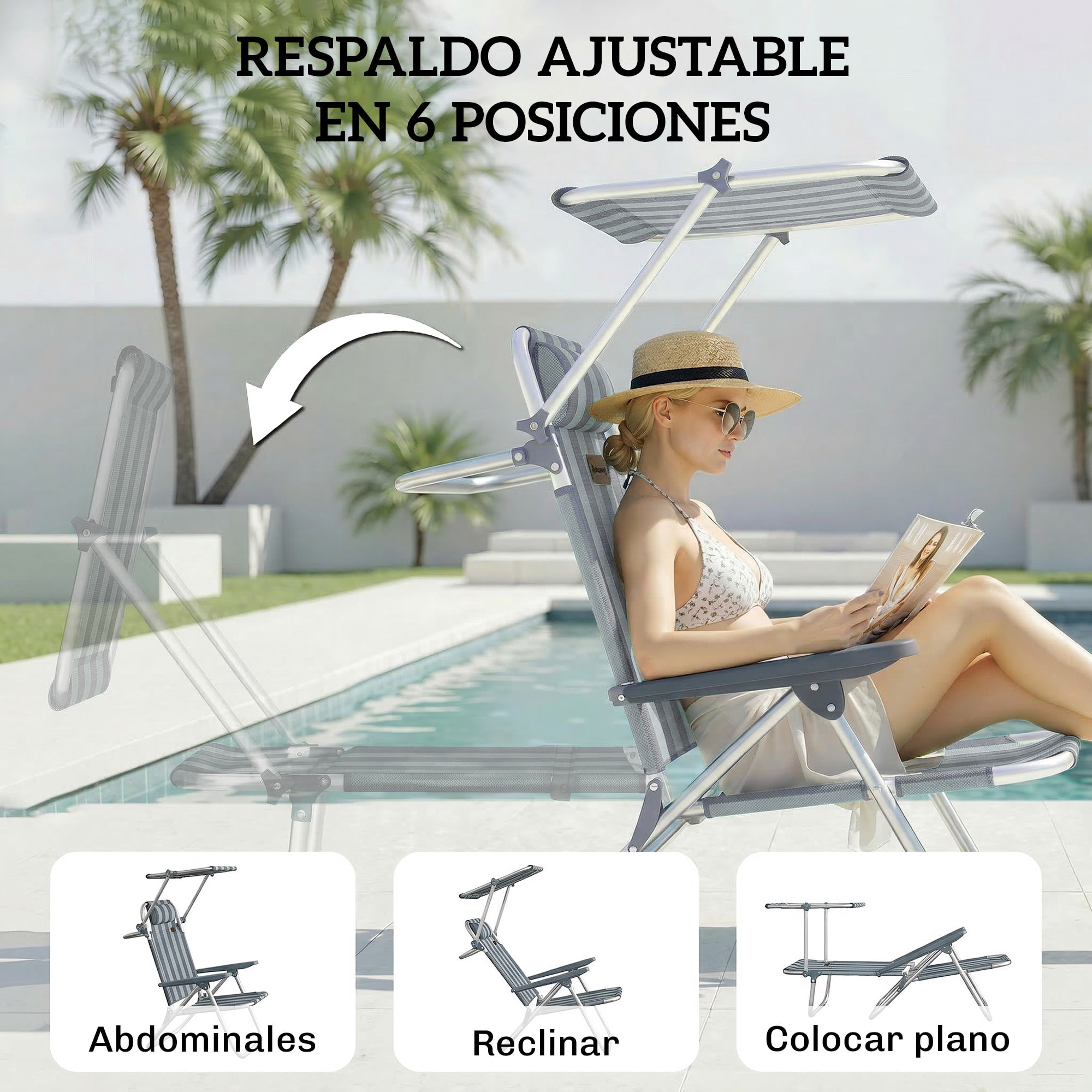Pack de 2 Sillas de Playa Plegables con Dosel Ajustable, Respaldo Reclinable en 6 Posiciones y Reposacabezas, Sillas Bajas Portátiles con Brazos Carga 120kg para Acampada Jardín Azul y Blanco