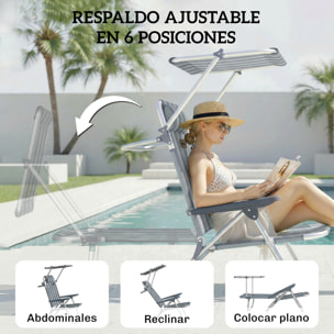 Pack de 2 Sillas de Playa Plegables con Dosel Ajustable, Respaldo Reclinable en 6 Posiciones y Reposacabezas, Sillas Bajas Portátiles con Brazos Carga 120kg para Acampada Jardín Azul y Blanco
