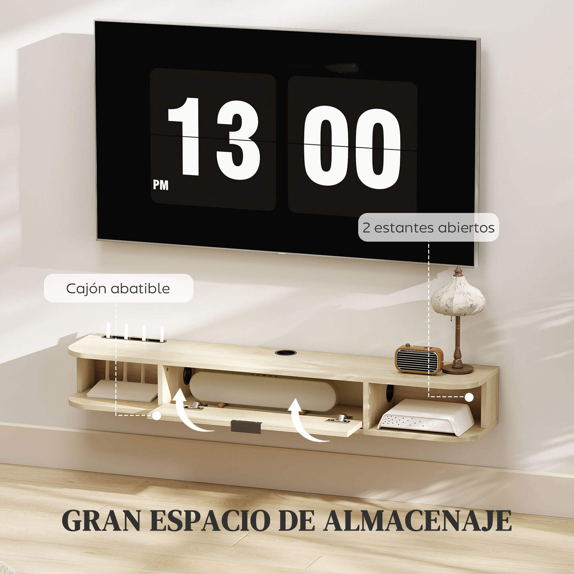 Mueble de TV Suspendido, Mueble de TV para Salón con Cajón Abatible, 2 Estantes Abiertos, Gestión de Cables, Estilo Moderno, para Televisión 50 Pulgadas, 120x24x16 cm, Madera Natural