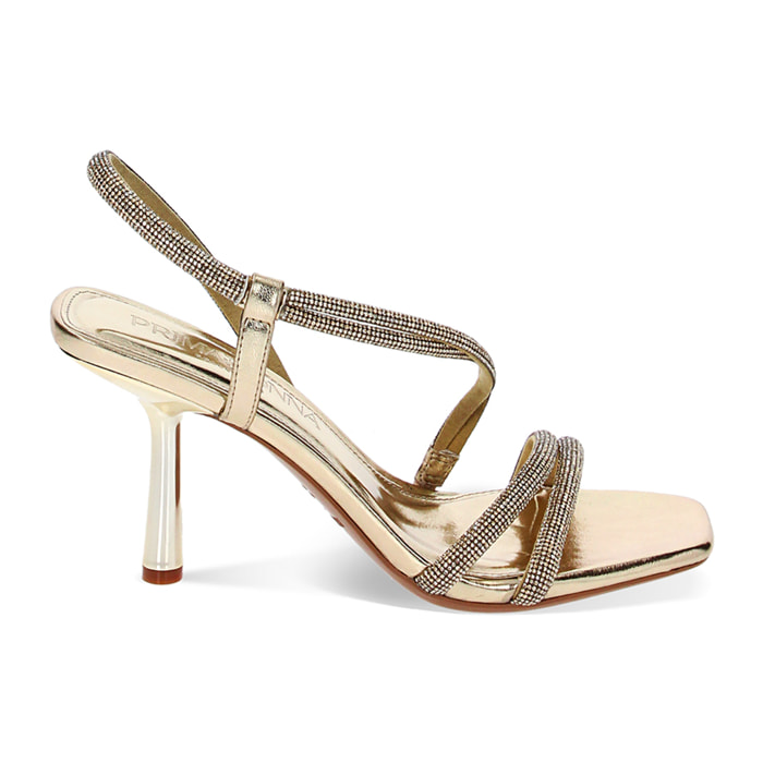 Sandalo donna dorato laminato con pietre, tacco 8,5 cm