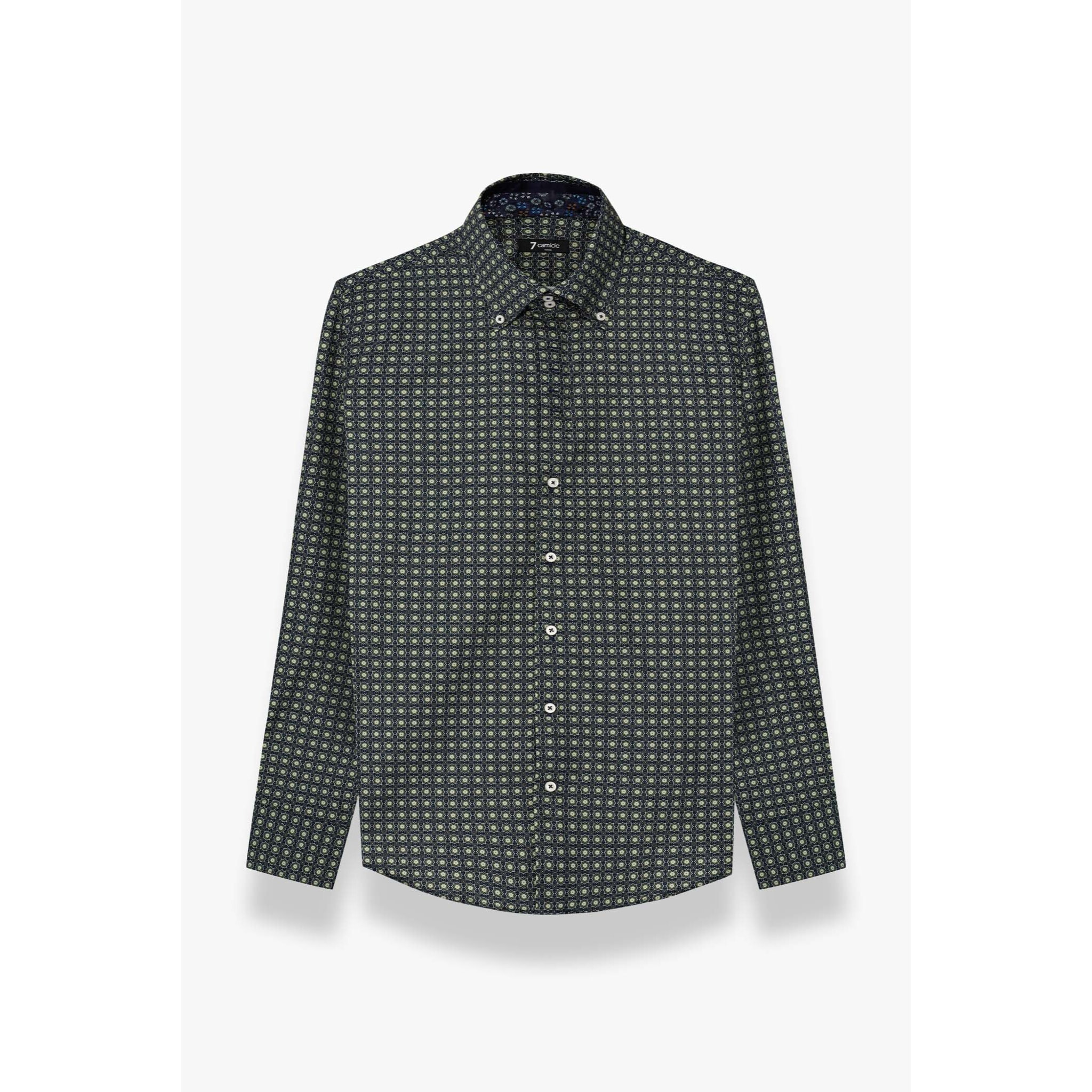 Camicia Uomo 2 Bottoni Button Down Slim Popeline Stampato Blu e Verde Militare