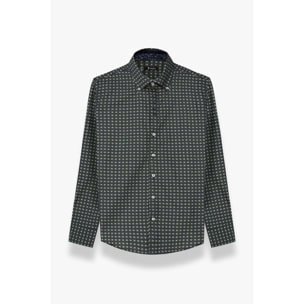 Camicia Uomo 2 Bottoni Button Down Slim Popeline Stampato Blu e Verde Militare
