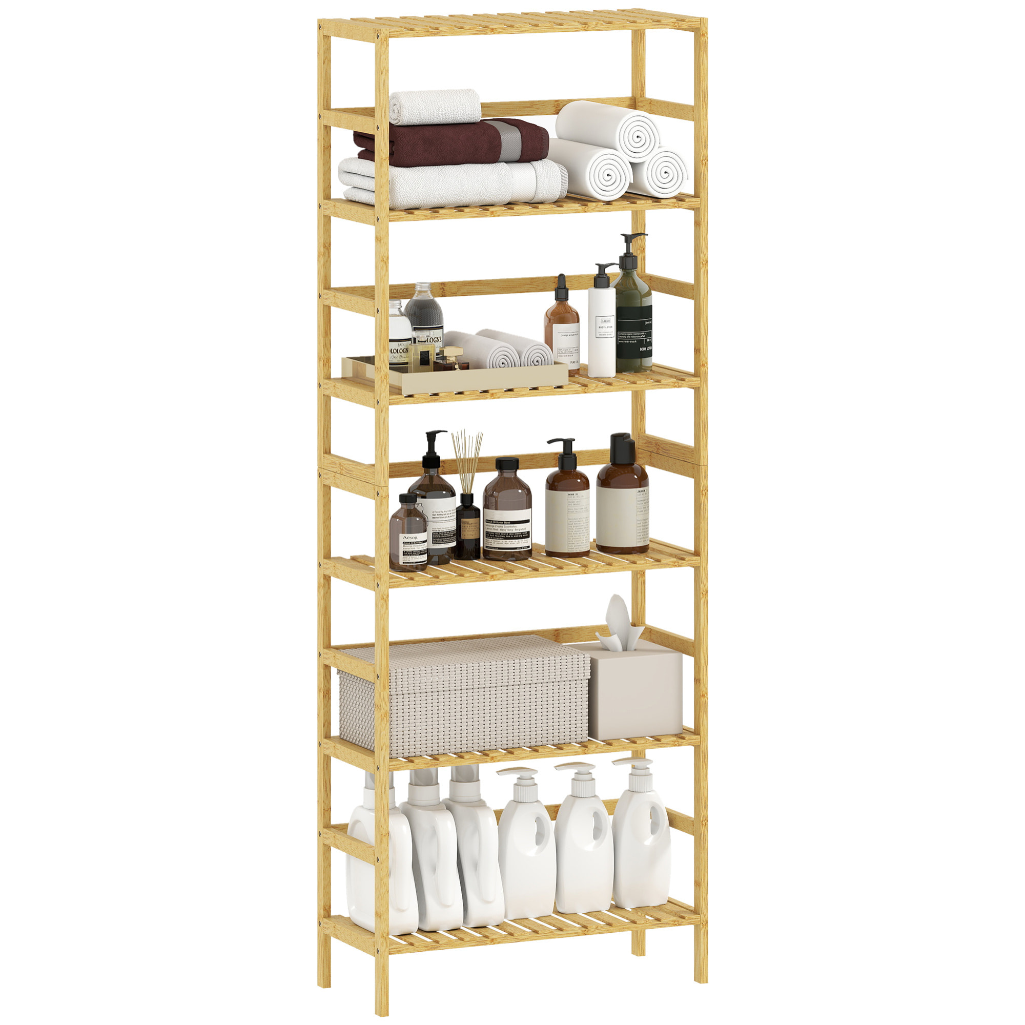 Estantería de Bambú de 6 Niveles, Estantería Almacenaje, Estantes Ajustables, Librería Estrecha para Espacios Pequeños, Baño, Sala de Estar y Cocina, 60x26x161 cm, Natural