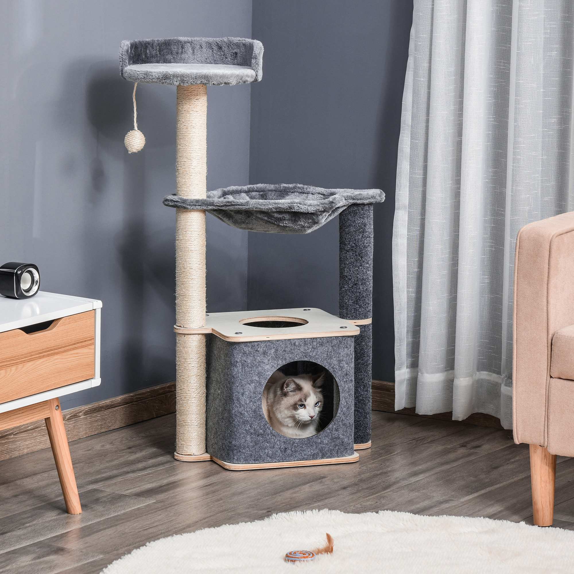 árbol Rascador de Gato 48x34x95cm con Hamaca Plataformas Cueva Poste para Rascar