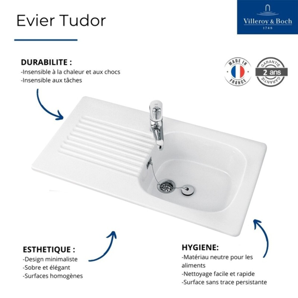 Evier avec 1 bac Tudor blanc 92 x 51 cm